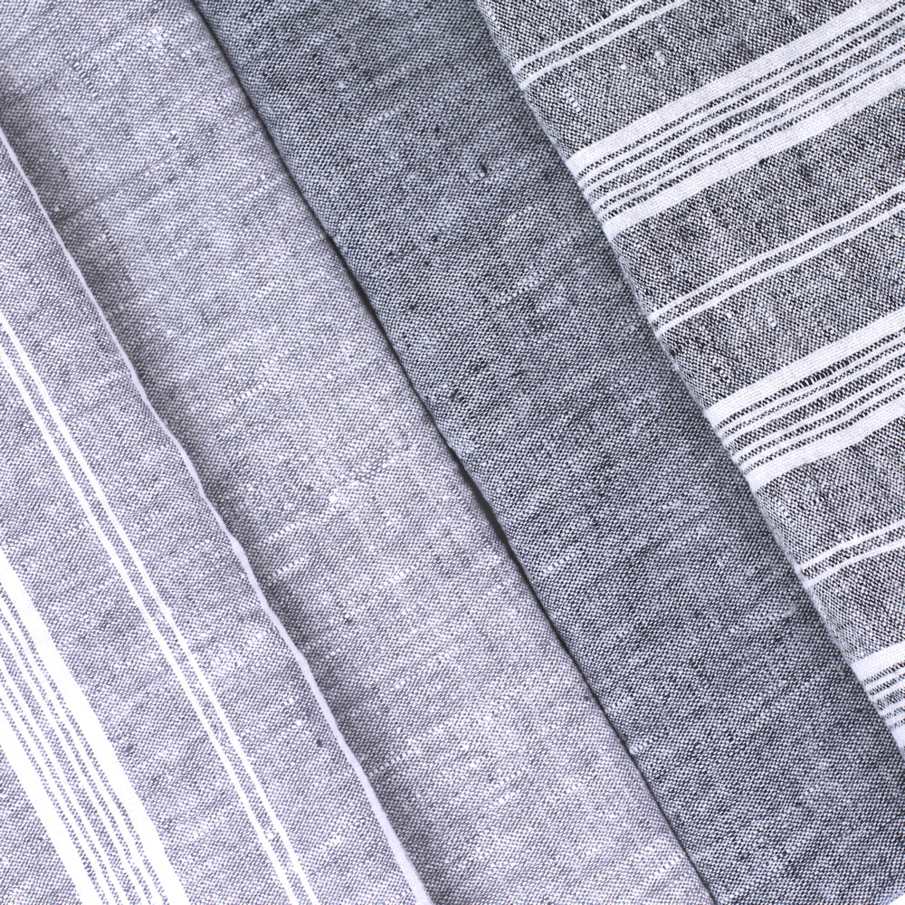 Linen Bath or Beach Towel - Stonewashed - Heather Grey with White Stripes - Luxury Thick Linen