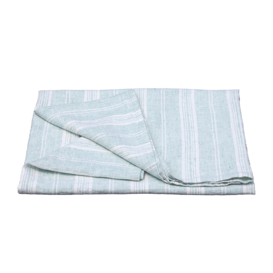 Linen Bath or Beach Towel - Stonewashed - Heather Light Green with White Stripes - Luxury Thick Linen