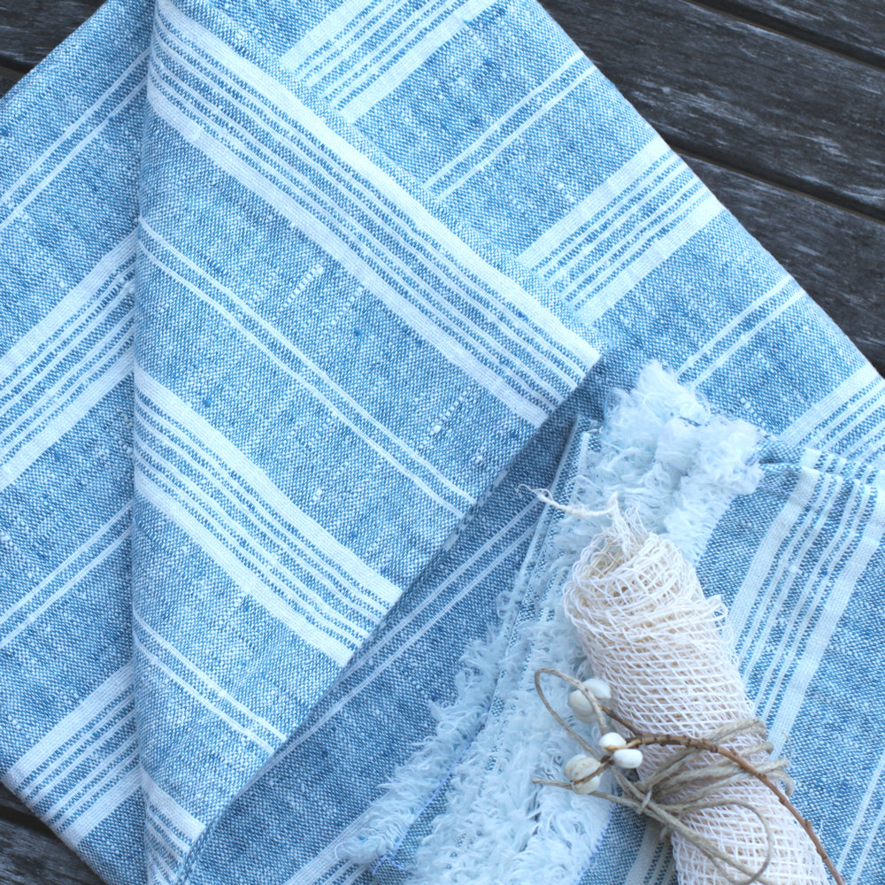 Linen Bath or Beach Towel - Stonewashed - Heather Marine Blue with White Stripes - Luxury Thick Linen