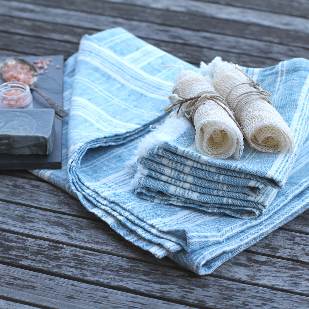 Linen Bath or Beach Towel - Stonewashed - Heather Marine Blue with White Stripes - Luxury Thick Linen