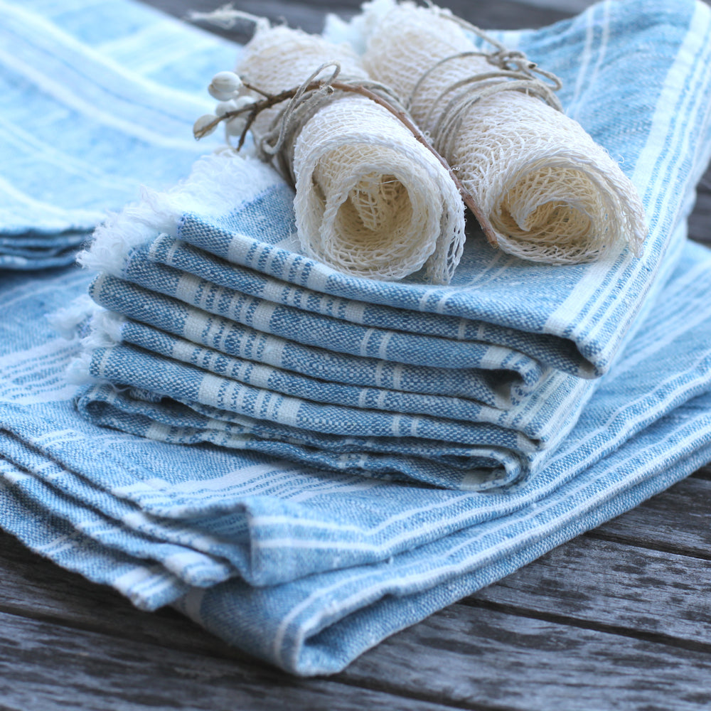 Linen Bath or Beach Towel - Stonewashed - Heather Marine Blue with White Stripes - Luxury Thick Linen