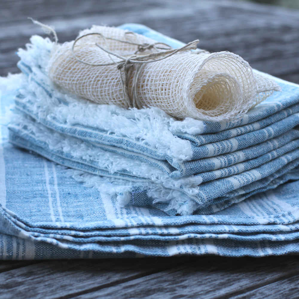Linen Bath or Beach Towel - Stonewashed - Heather Marine Blue with White Stripes - Luxury Thick Linen