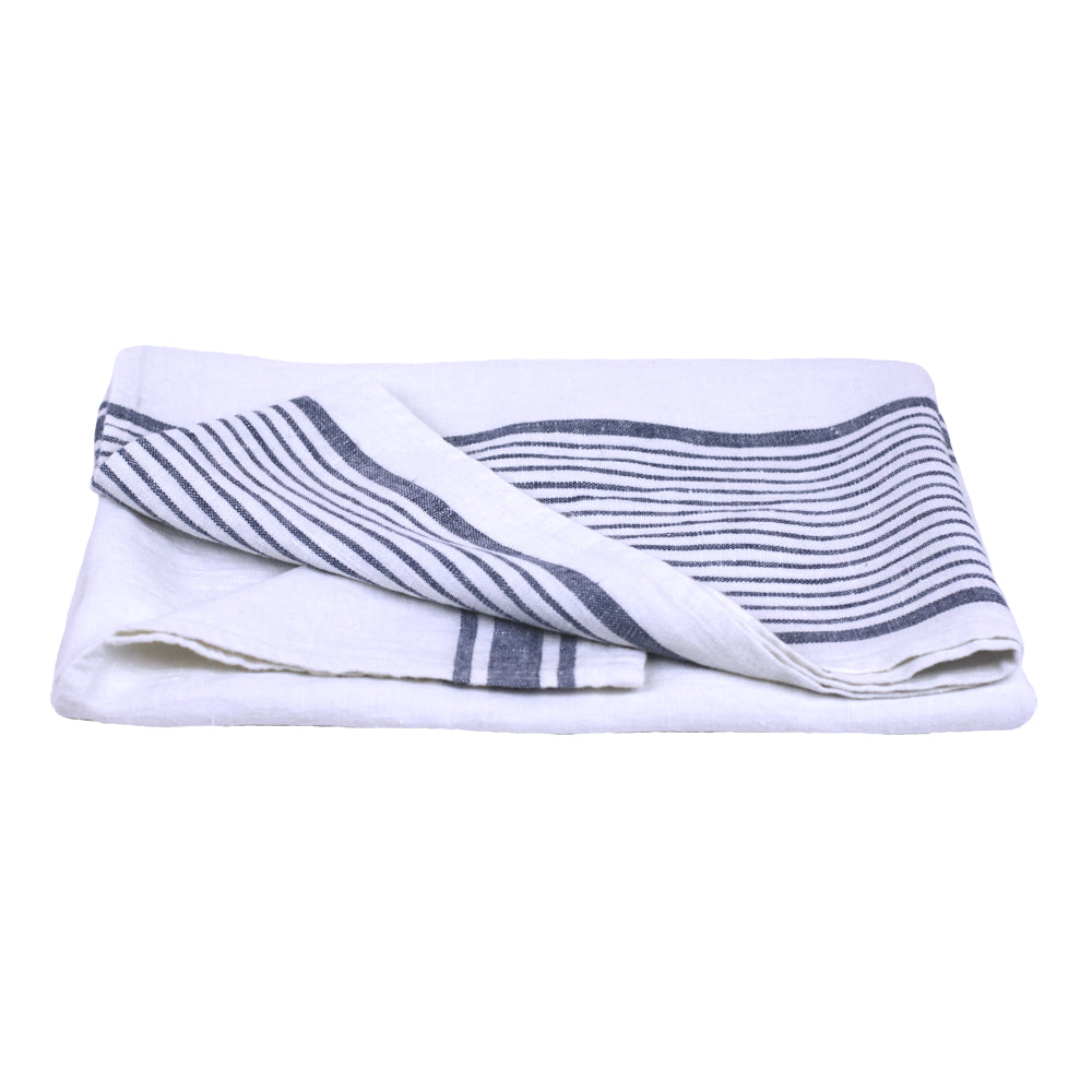 Linen Bath Towel - Stonewashed - White with Blue Stripes - Luxury Thick Linen