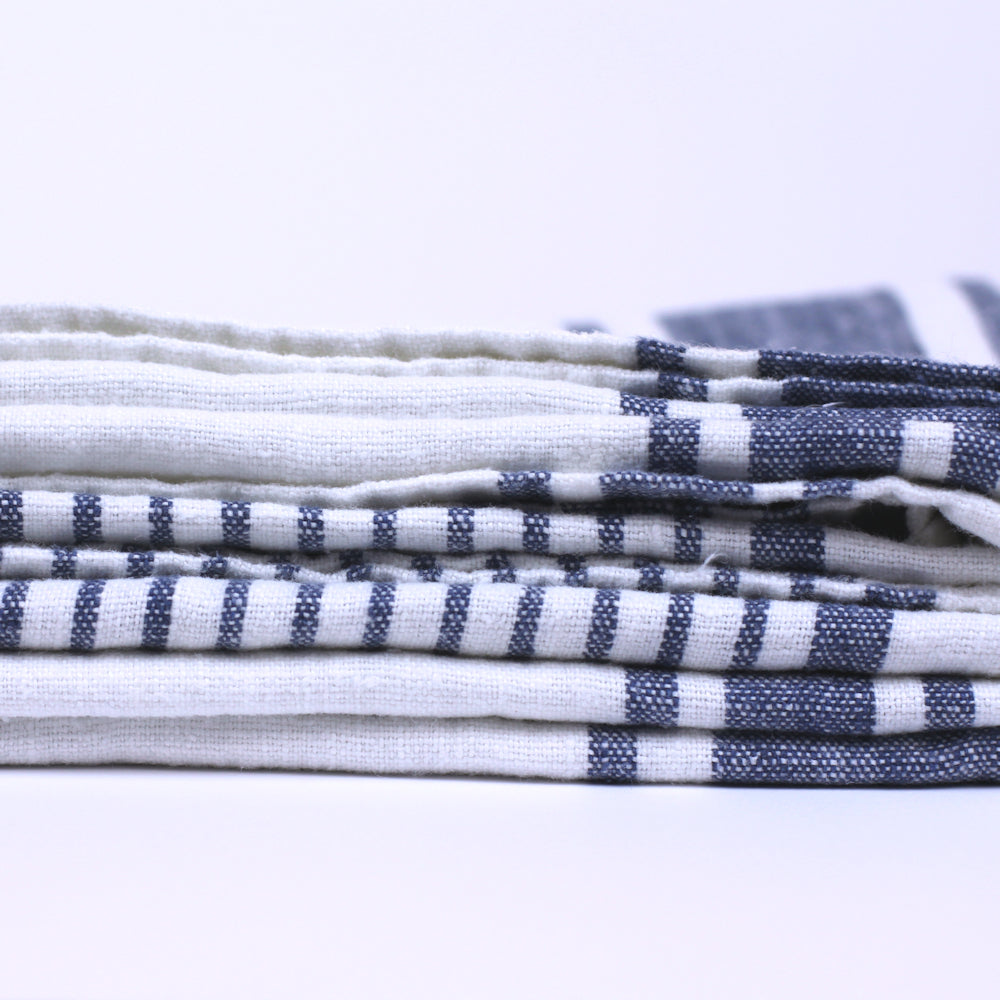 Linen Bath Towel - Stonewashed - White with Blue Stripes - Luxury Thick Linen