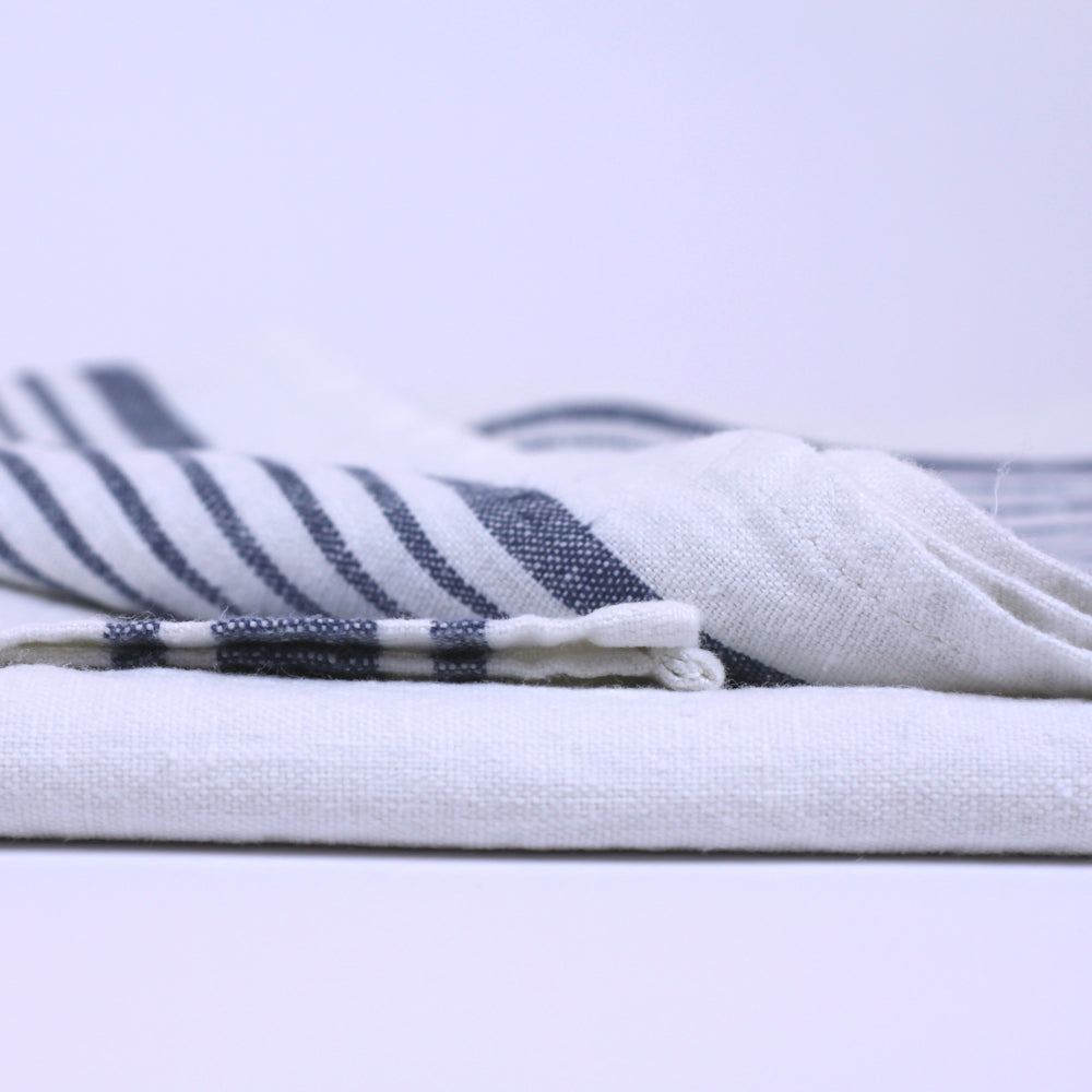 Linen Bath Towel - Stonewashed - White with Blue Stripes - Luxury Thick Linen