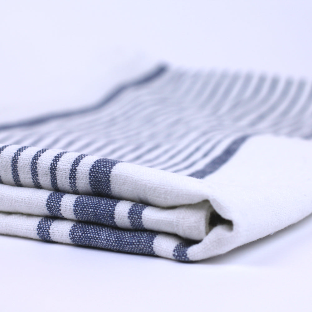 Linen Bath Towel - Stonewashed - White with Blue Stripes - Luxury Thick Linen