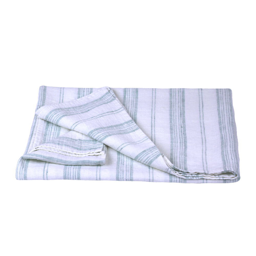 Linen Bath Towel - Stonewashed - White with Light Green Stripes - Luxury Thick Linen