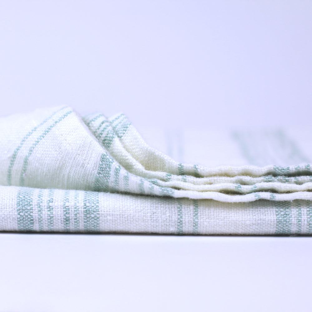 Linen Bath Towel - Stonewashed - White with Light Green Stripes - Luxury Thick Linen
