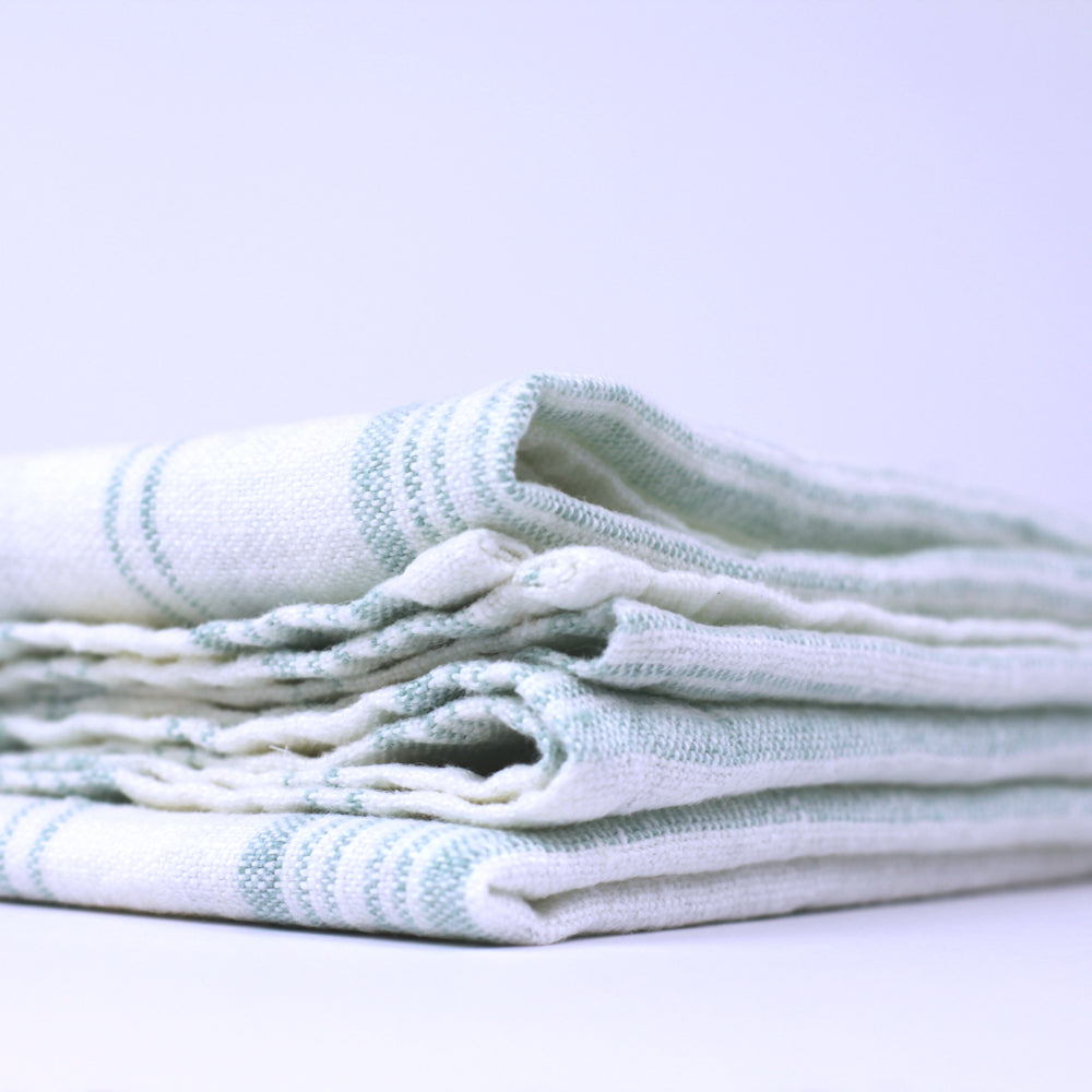 Linen Bath Towel - Stonewashed - White with Light Green Stripes - Luxury Thick Linen