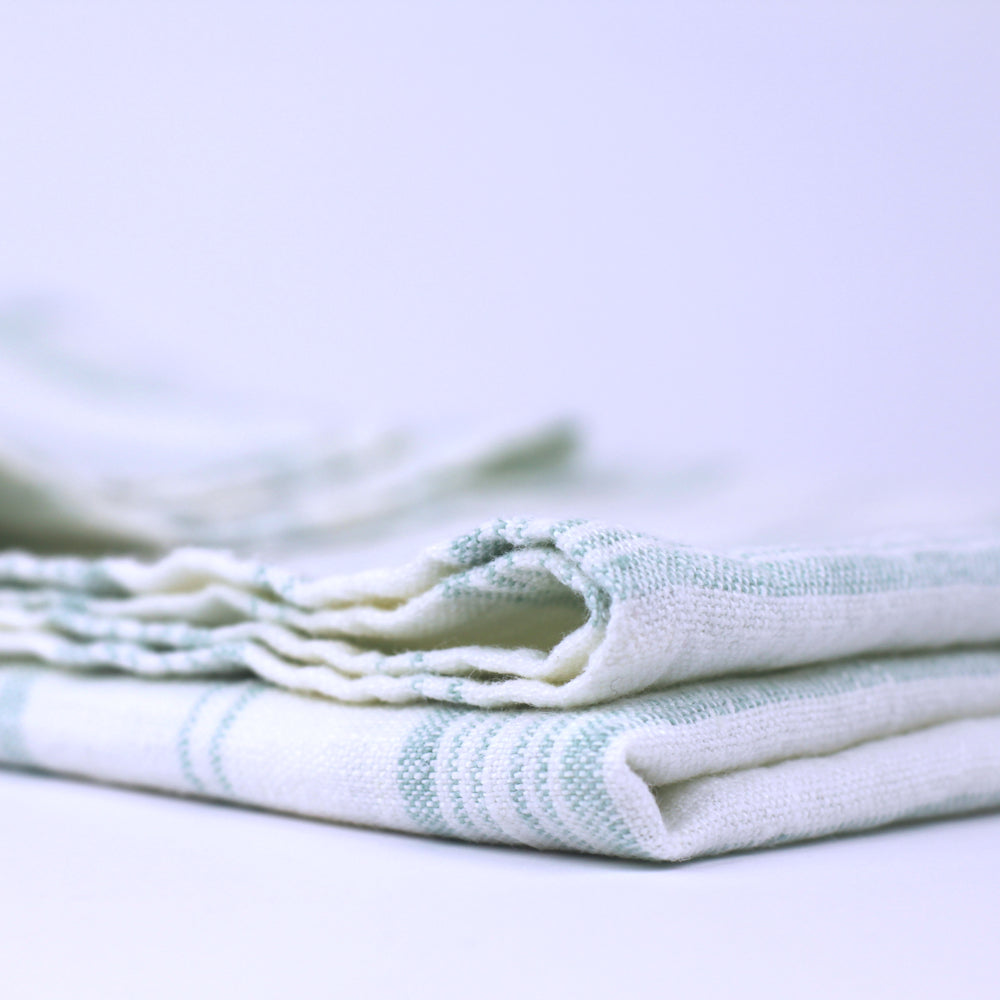 Linen Bath Towel - Stonewashed - White with Light Green Stripes - Luxury Thick Linen