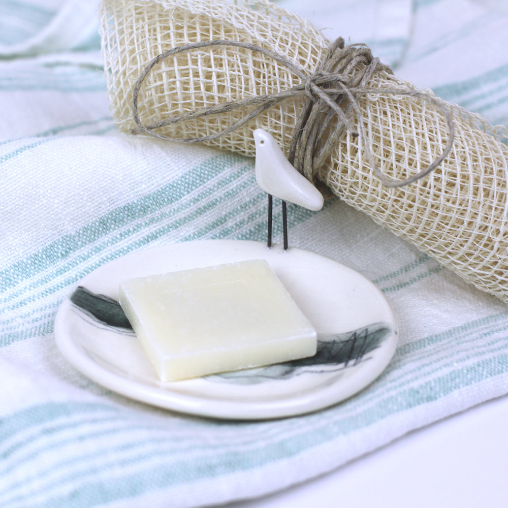 Linen Bath Towel - Stonewashed - White with Light Green Stripes - Luxury Thick Linen