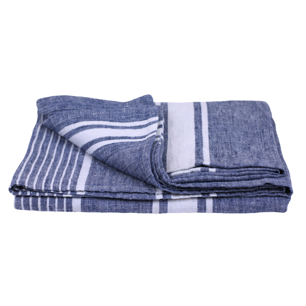 Linen Beach Towel - Stonewashed - Oversized - Blue with White Stripes - Luxury Thick Linen - Bath Sheet - Throw - Bath Towel - Deck Towel