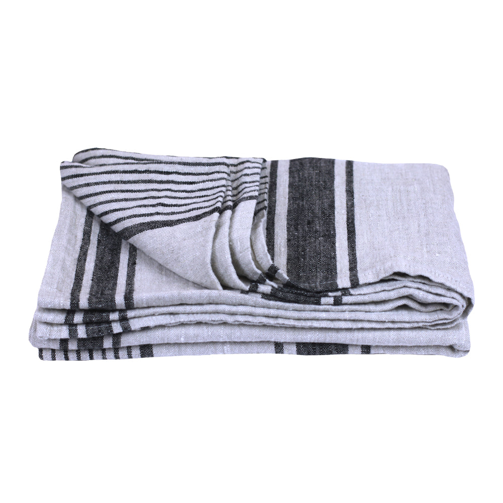 Linen Beach Towel - Stonewashed - Oversized - Grey with Black Stripes - Luxury Thick Linen - Bath Sheet - Throw - Bath Towel - Deck Towel