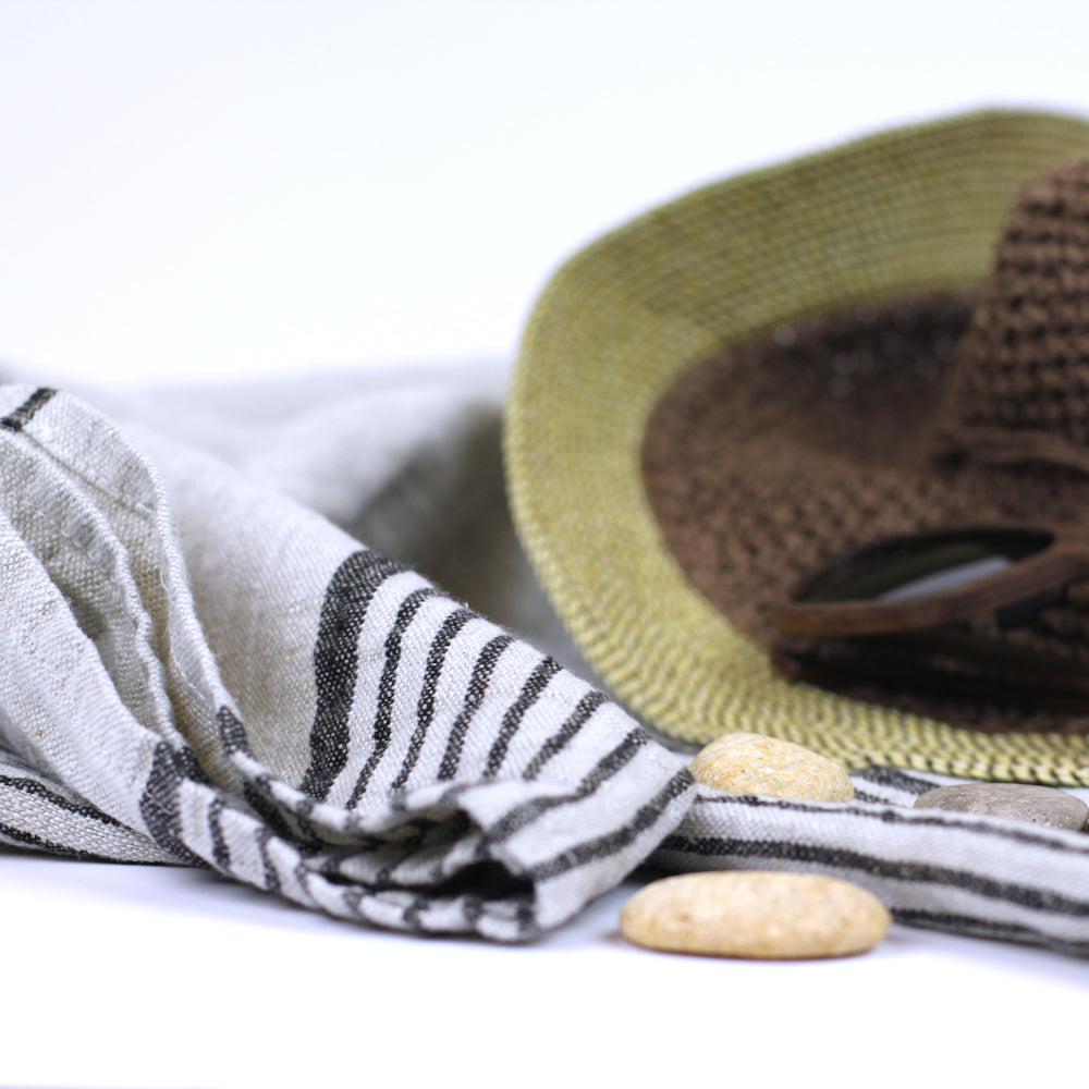 Linen Beach Towel - Stonewashed - Oversized - Grey with Black Stripes - Luxury Thick Linen - Bath Sheet - Throw - Bath Towel - Deck Towel