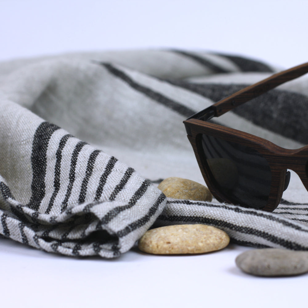 Linen Beach Towel - Stonewashed - Oversized - Grey with Black Stripes - Luxury Thick Linen - Bath Sheet - Throw - Bath Towel - Deck Towel