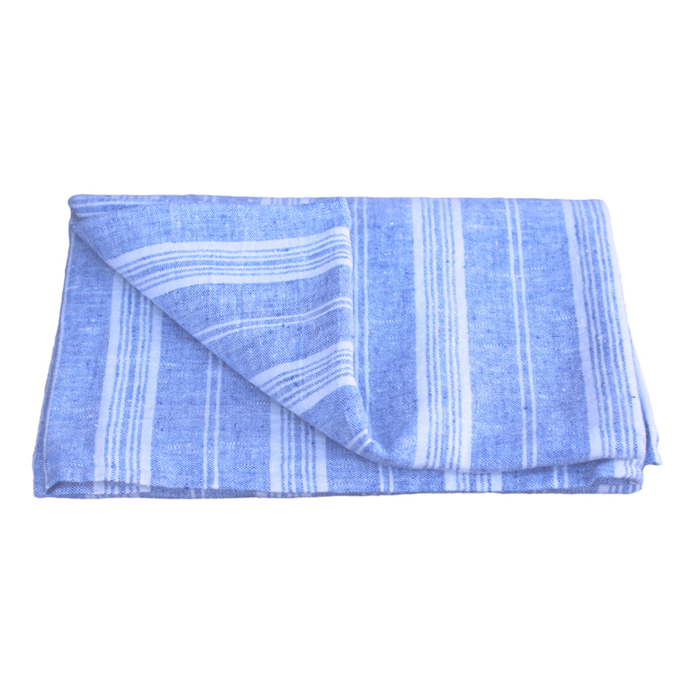Linen Beach Towel - Stonewashed - Oversized - Heather Light Blue with White Stripes - Luxury Thick Linen - Bath Sheet - Throw - Bath Towel - Deck Towel