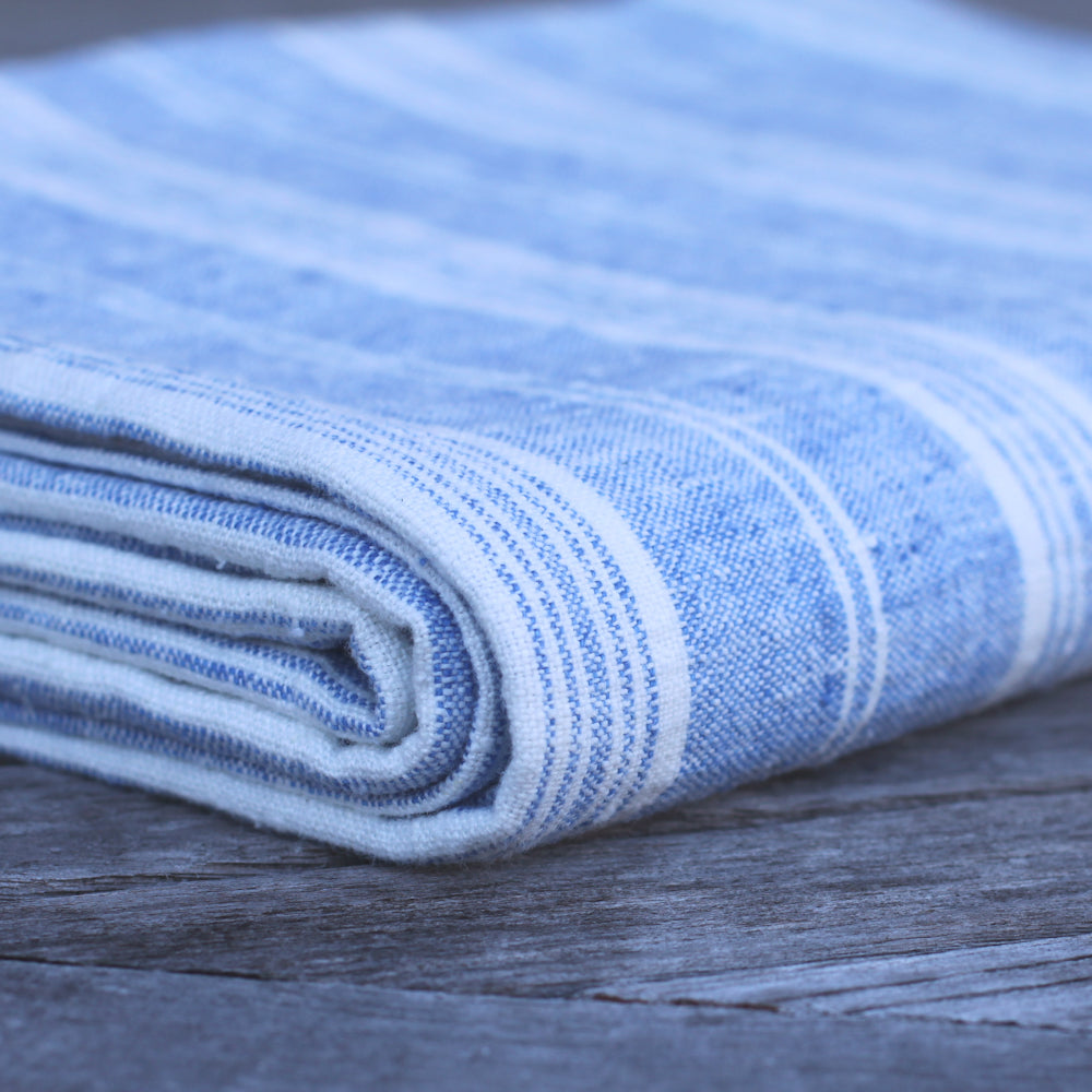 Linen Beach Towel - Stonewashed - Oversized - Heather Light Blue with White Stripes - Luxury Thick Linen - Bath Sheet - Throw - Bath Towel - Deck Towel