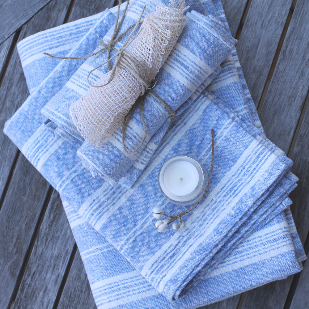 Linen Beach Towel - Stonewashed - Oversized - Heather Light Blue with White Stripes - Luxury Thick Linen - Bath Sheet - Throw - Bath Towel - Deck Towel
