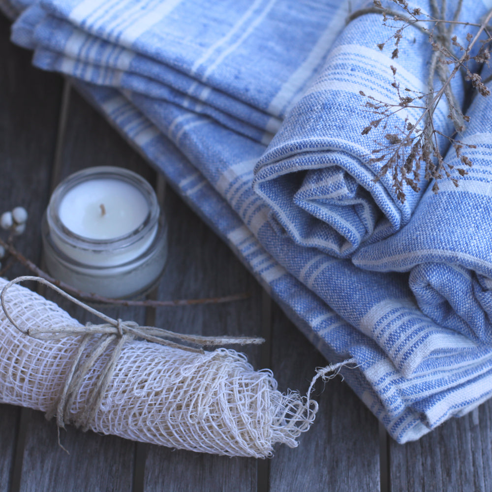 Linen Beach Towel - Stonewashed - Oversized - Heather Light Blue with White Stripes - Luxury Thick Linen - Bath Sheet - Throw - Bath Towel - Deck Towel