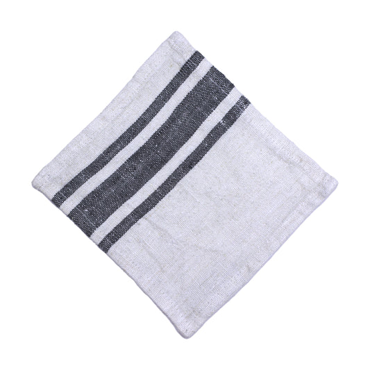 Linen Cocktail Napkins Set of 6 - Stonewashed - Antique White with Black Stripes - Luxury Thick Linen