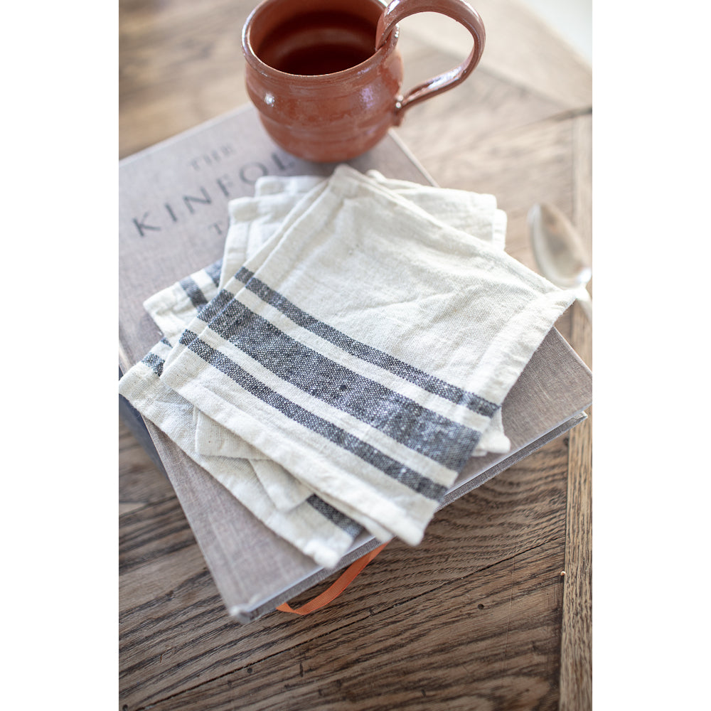 Linen Cocktail Napkins Set of 6 - Stonewashed - Antique White with Black Stripes - Luxury Thick Linen