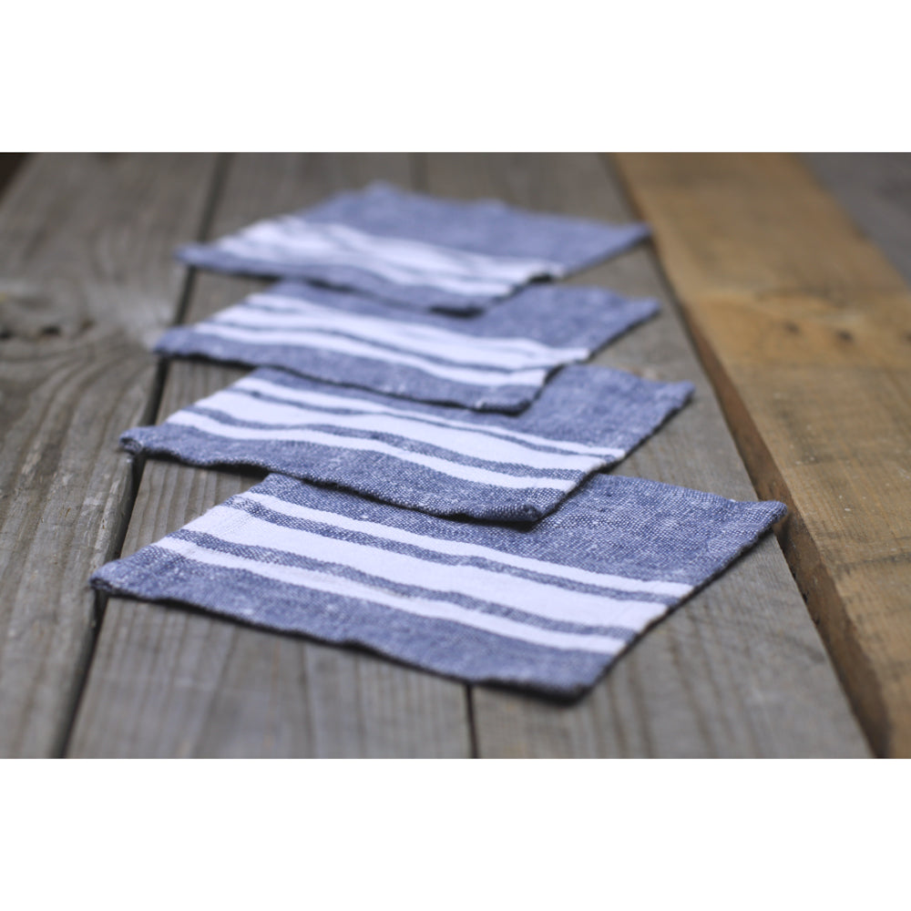 Linen Cocktail Napkins Set of 6 - Stonewashed - Blue with White Stripes - Luxury Thick Linen