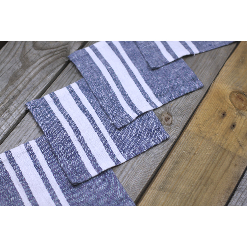 Linen Cocktail Napkins Set of 6 - Stonewashed - Blue with White Stripes - Luxury Thick Linen