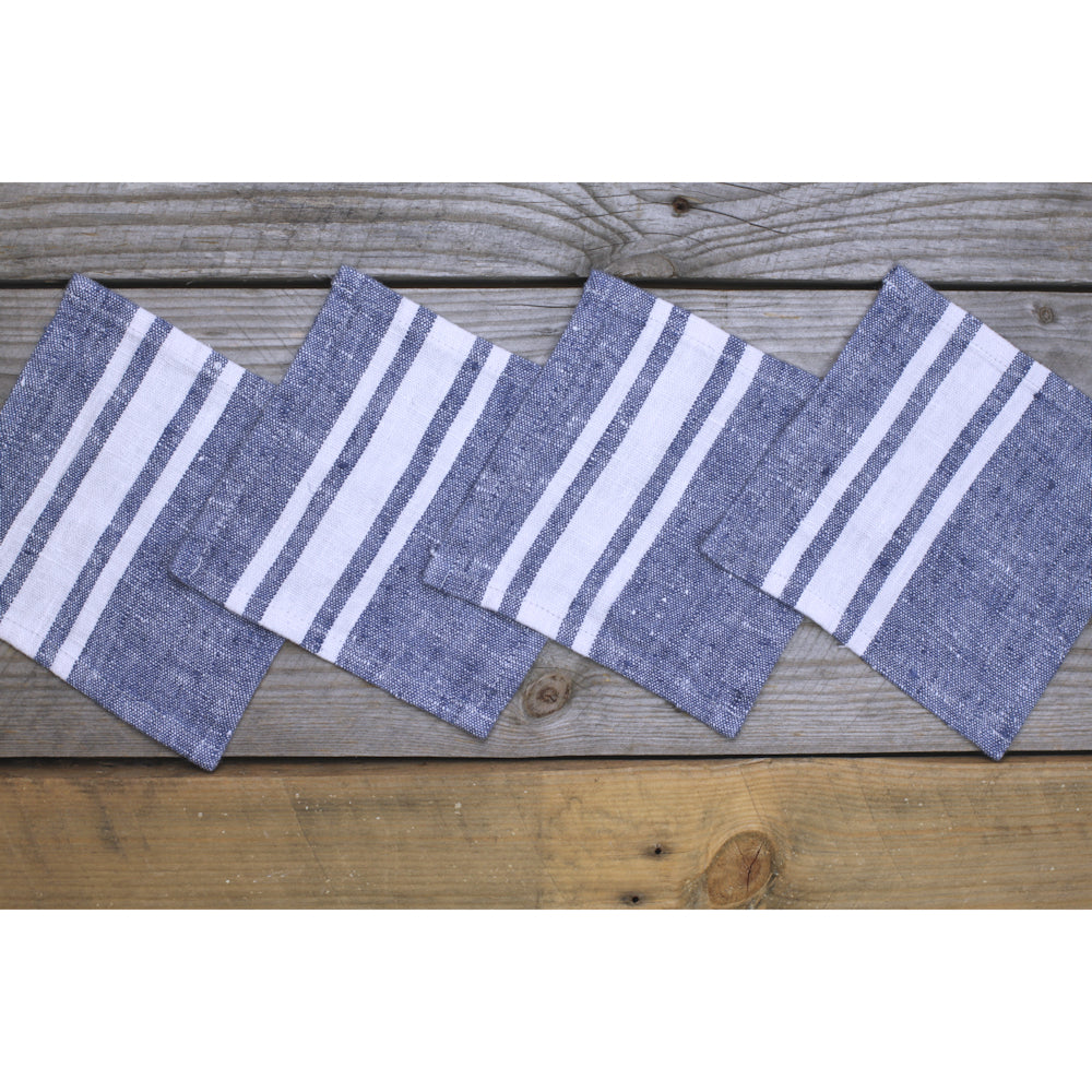 Linen Cocktail Napkins Set of 6 - Stonewashed - Blue with White Stripes - Luxury Thick Linen