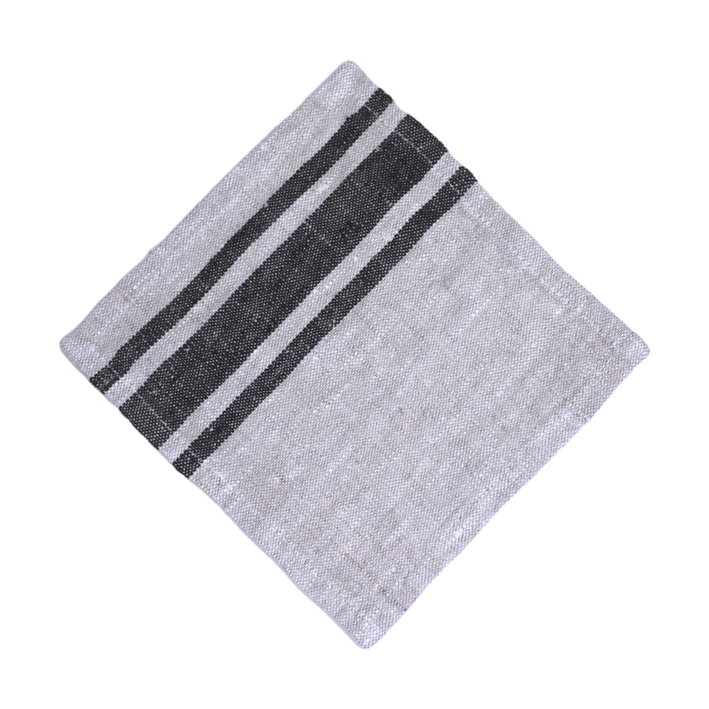 Linen Cocktail Napkins Set of 6 - Stonewashed - Grey with Black Stripes - Luxury Thick Linen