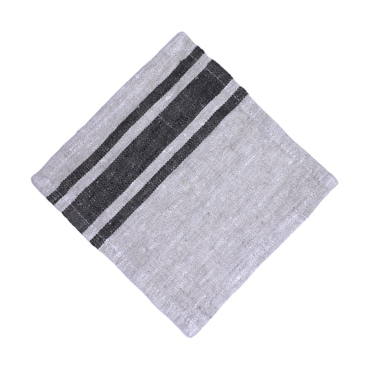 Linen Cocktail Napkins Set of 6 - Stonewashed - Grey with Black Stripes - Luxury Thick Linen