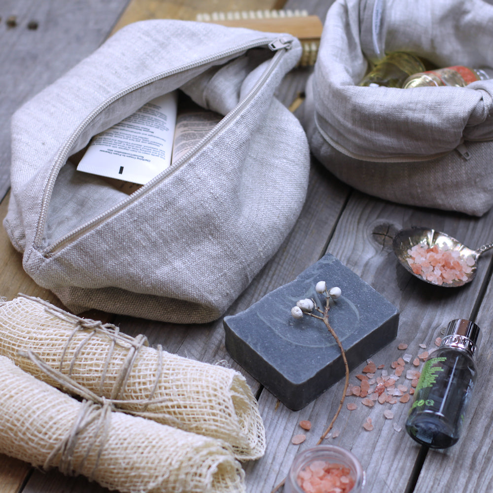 Linen Cosmetic Bag - Medium - Light Natural - Luxury Thick Linen