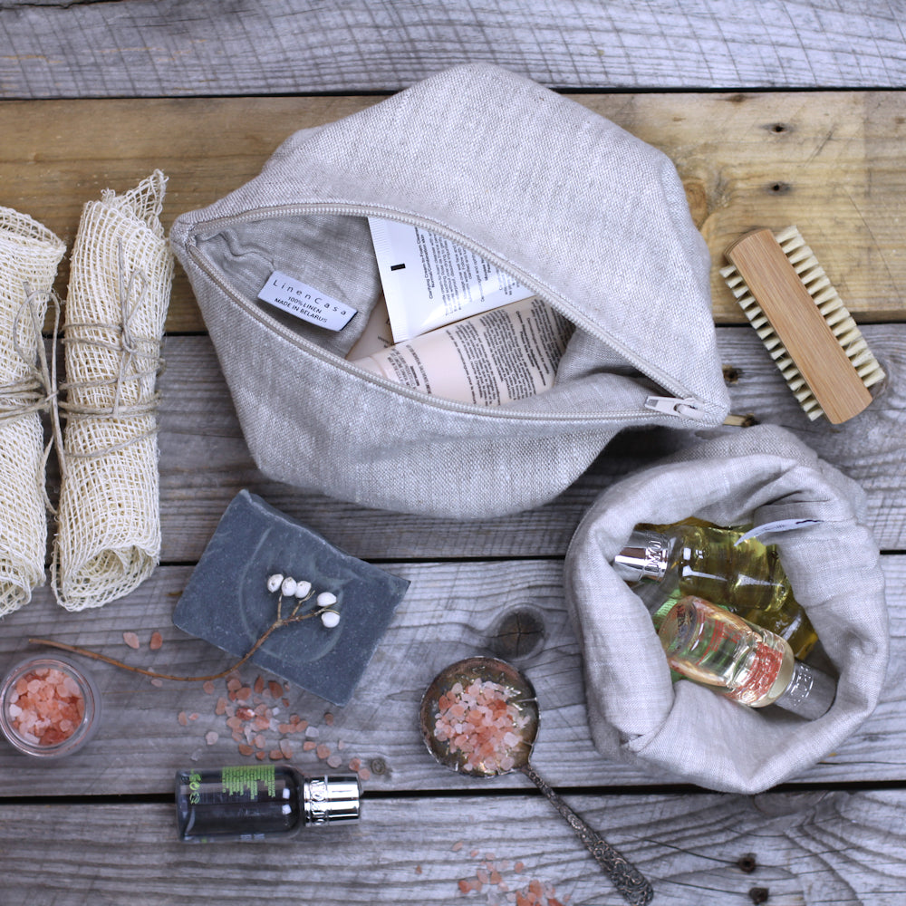 Linen Cosmetic Bag - Small - Light Natural - Luxury Thick Linen