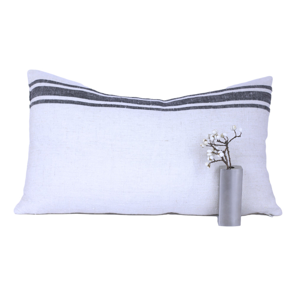 Linen Pillow Cover - Lumbar - Antique White with Basic Black Stripes - 12 x 20 - Stonewashed - Luxury Thick Linen