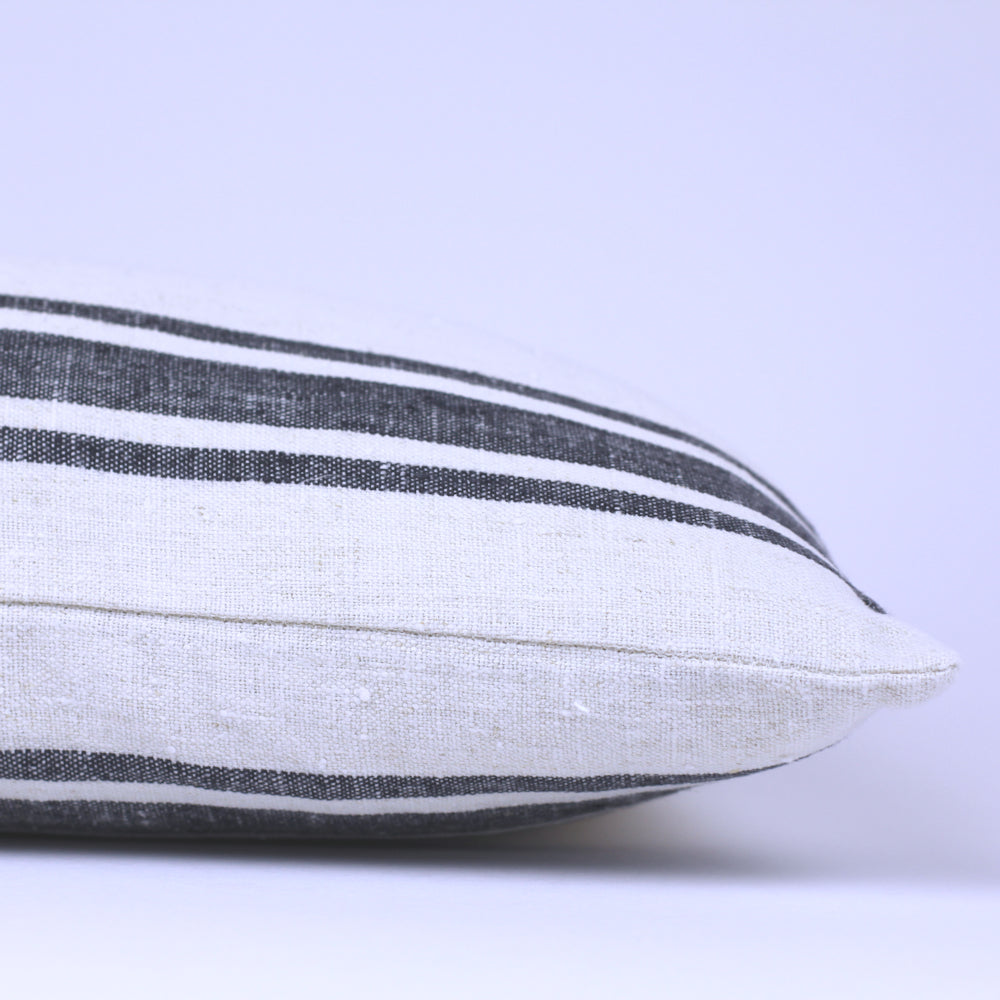 Linen Pillow Cover - Lumbar - Antique White with Basic Black Stripes  - 12 x 20 - Stonewashed - Luxury Thick Linen