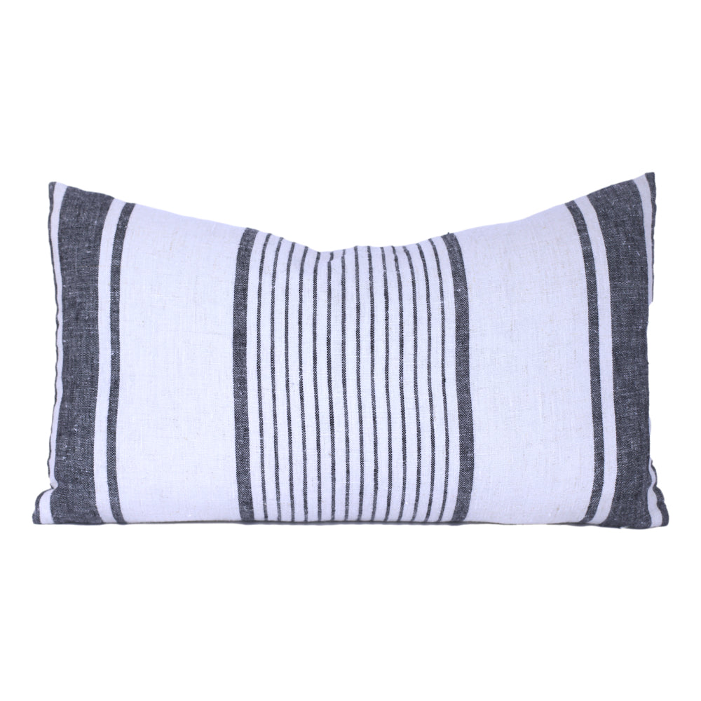 Linen Pillow Cover - Lumbar - Antique White with Black Pinstripes - 12 x 20 - Stonewashed - Luxury Thick Linen