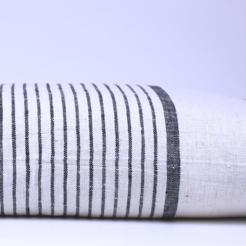 Linen Pillow Cover - Lumbar - Antique White with Black Pinstripes - 12 x 20 - Stonewashed - Luxury Thick Linen