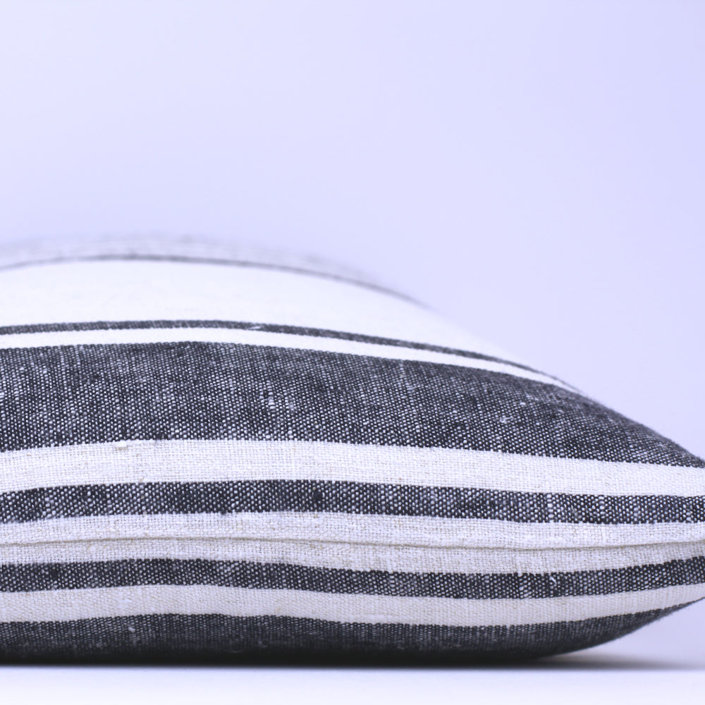 Linen Pillow Cover - Lumbar - Antique White with Black Pinstripes - 12 x 20 - Stonewashed - Luxury Thick Linen