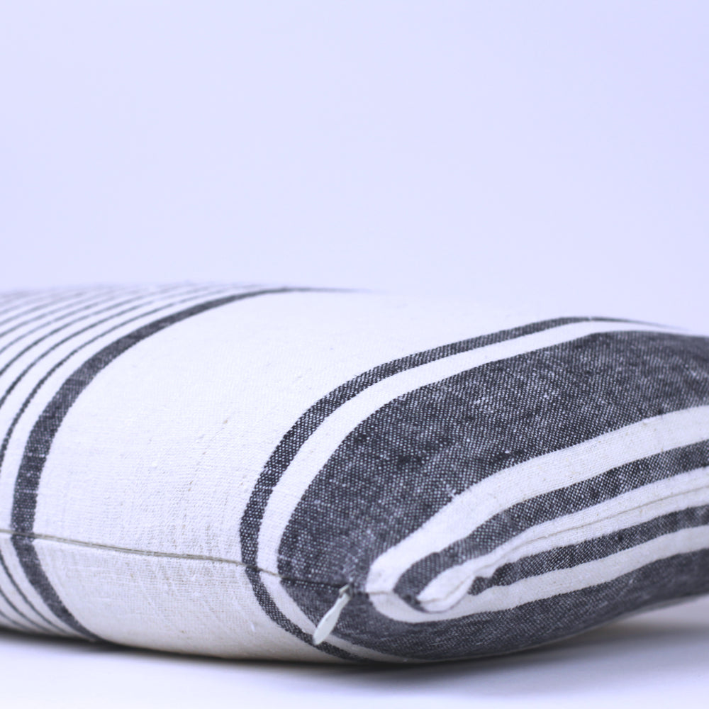 Linen Pillow Cover - Lumbar - Antique White with Black Pinstripes - 12 x 20 - Stonewashed - Luxury Thick Linen