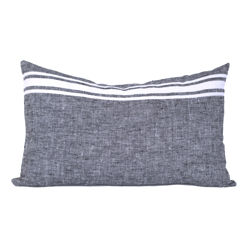 Linen Pillow Cover - Lumbar - Black with Basic White Stripes - 12 x 20 - Stonewashed - Luxury Thick Linen