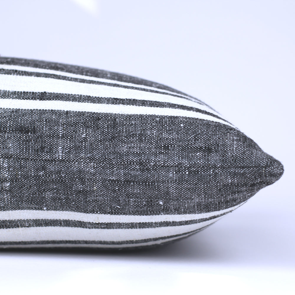 Linen Pillow Cover - Lumbar - Black with Basic White Stripes - 12 x 20 - Stonewashed - Luxury Thick Linen