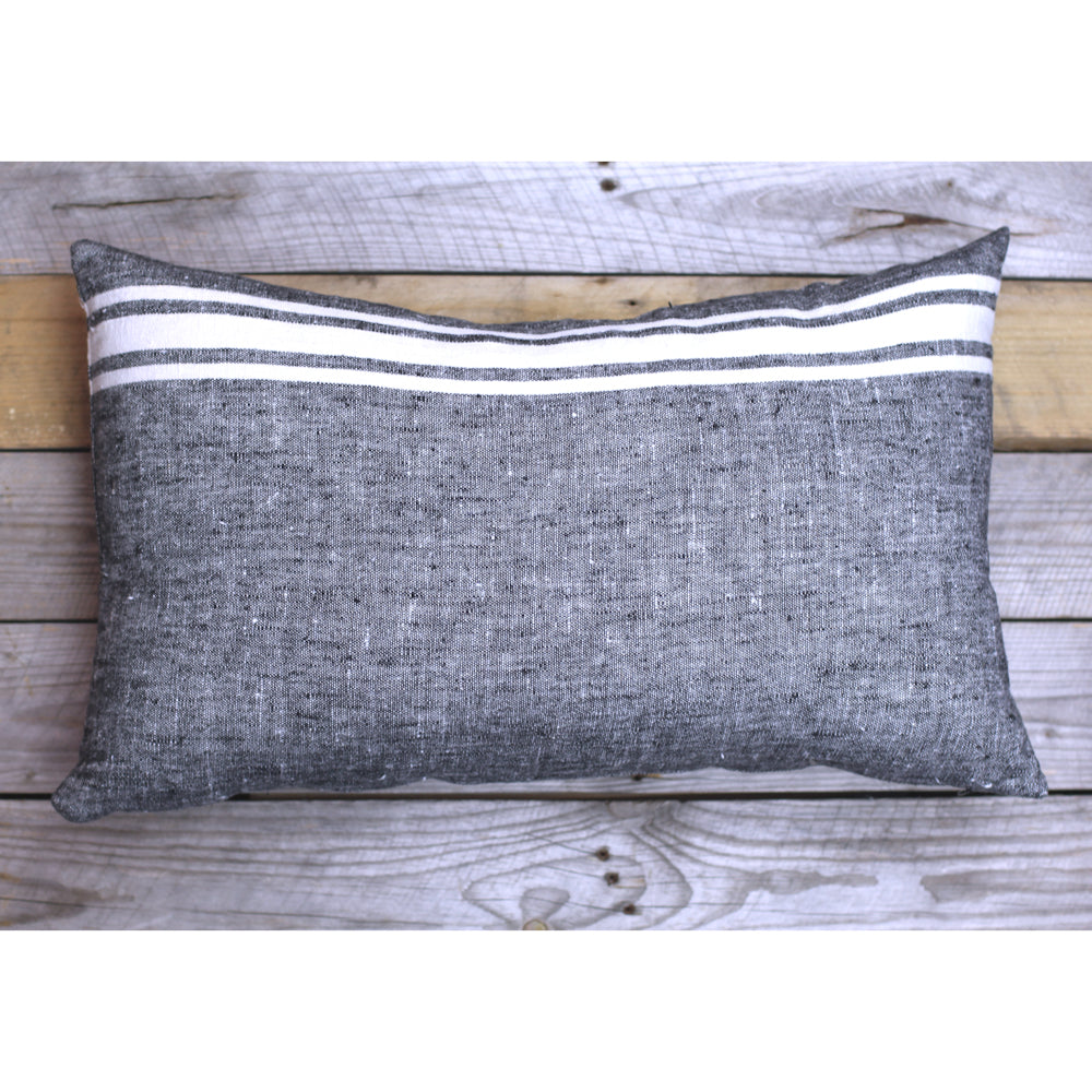 Linen Pillow Cover - Lumbar - Black with Basic White Stripes - 12 x 20 - Stonewashed - Luxury Thick Linen