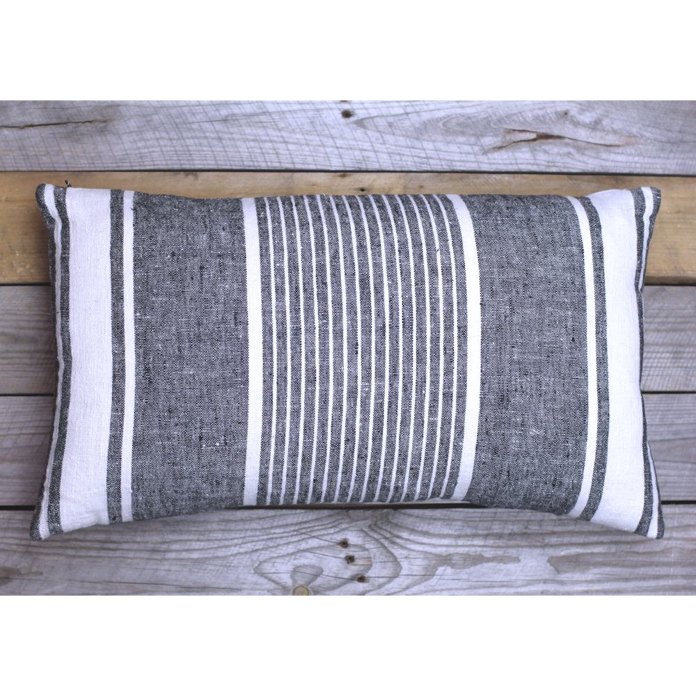 Linen Pillow Cover - Lumbar - Black with White Pinstripes - 12 x 20 - Stonewashed - Luxury Thick Linen