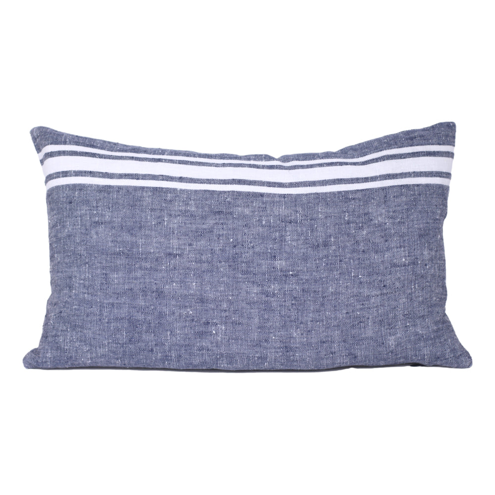 Linen Pillow Cover - Lumbar - Blue with Basic White Stripes - 12 x 20 - Stonewashed - Luxury Thick Linen