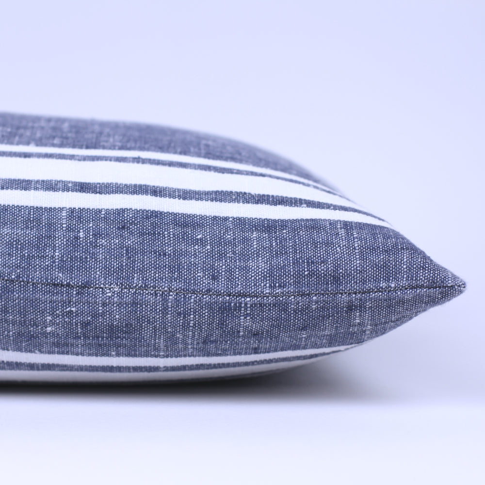 Linen Pillow Cover - Lumbar - Blue with Basic White Stripes - 12 x 20 - Stonewashed - Luxury Thick Linen