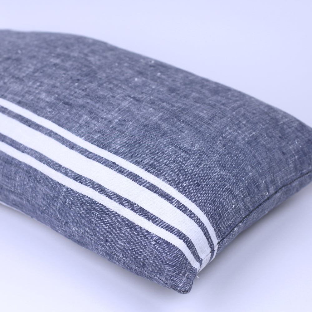 Linen Pillow Cover - Lumbar - Blue with Basic White Stripes - 12 x 20 - Stonewashed - Luxury Thick Linen