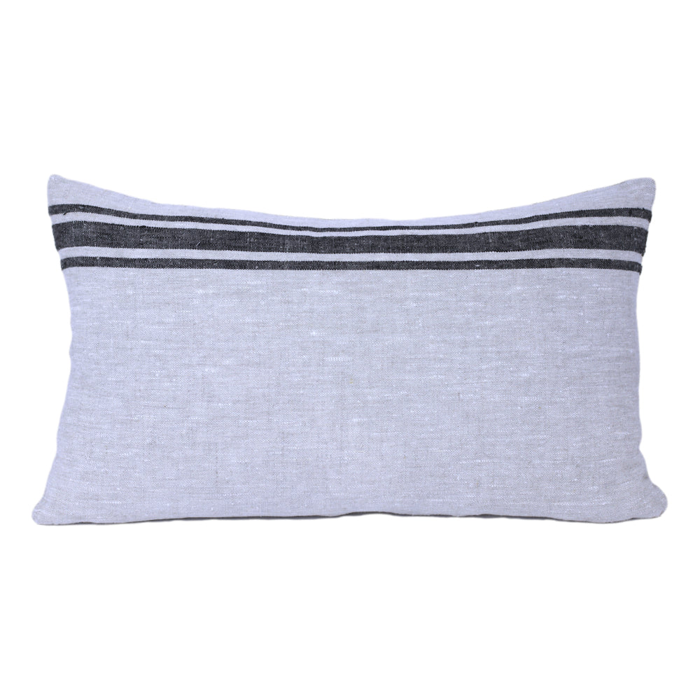 Linen Pillow Cover - Lumbar - Grey with Basic Black Stripes - 12 x 20 - Stonewashed - Luxury Thick Linen