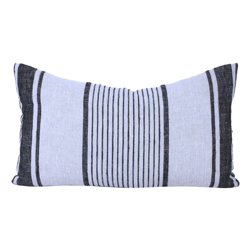 Linen Pillow Cover - Lumbar - Grey with Black Pinstripes  - 12 x 20 - Stonewashed - Luxury Thick Linen