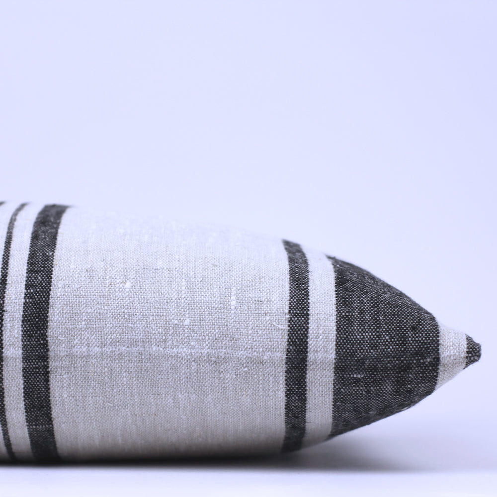 Linen Pillow Cover - Lumbar - Grey with Black Pinstripes - 12 x 20 - Stonewashed - Luxury Thick Linen