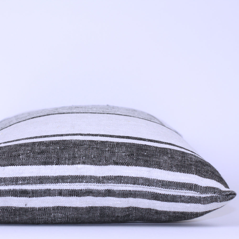 Linen Pillow Cover - Lumbar - Grey with Black Pinstripes  - 12 x 20 - Stonewashed - Luxury Thick Linen