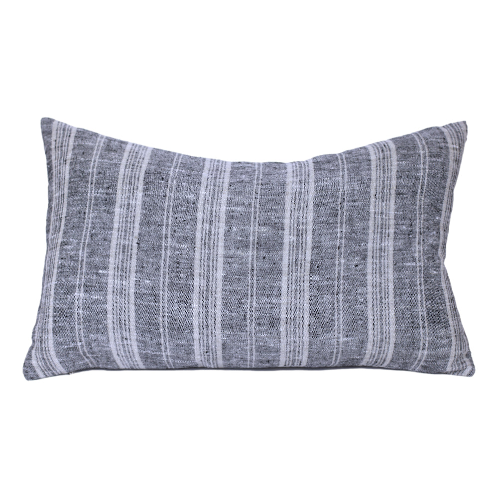 Linen Pillow Cover - Lumbar - Heather Black with Light Natural Stripes - 12 x 20 - Stonewashed - Luxury Thick Linen